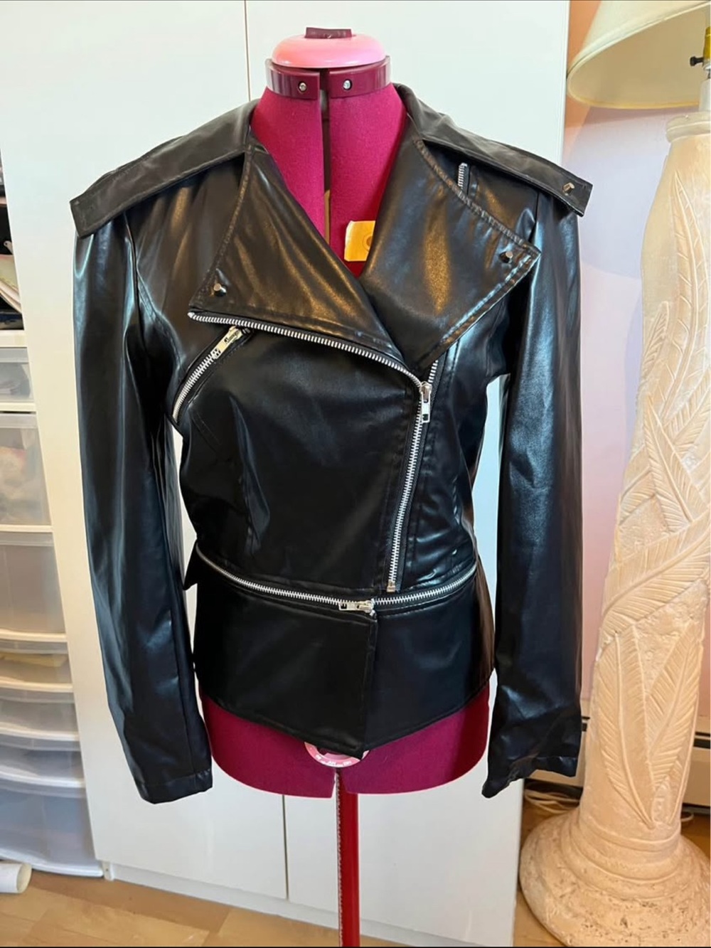 Black PU Leather Jacket with Zippers and Detachable Bottom Motorcycle Jacket